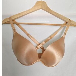 Frederick's of Hollywood Pushup Plunge Bra‎ Tan Beige Satin MultiWay 36DD